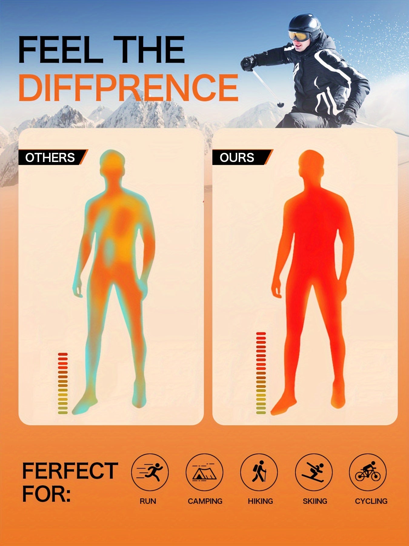 2 Pieces Men's Stylish Orange Tech Style Line Pattern Thermal Underwear Set - Long Sleeve Top And Pants, Fleece Lined, High Elasticity, Moisture-Wicking, Perfect For Cold Weather, Outdoor Sports, Skiing, And Mountaineering