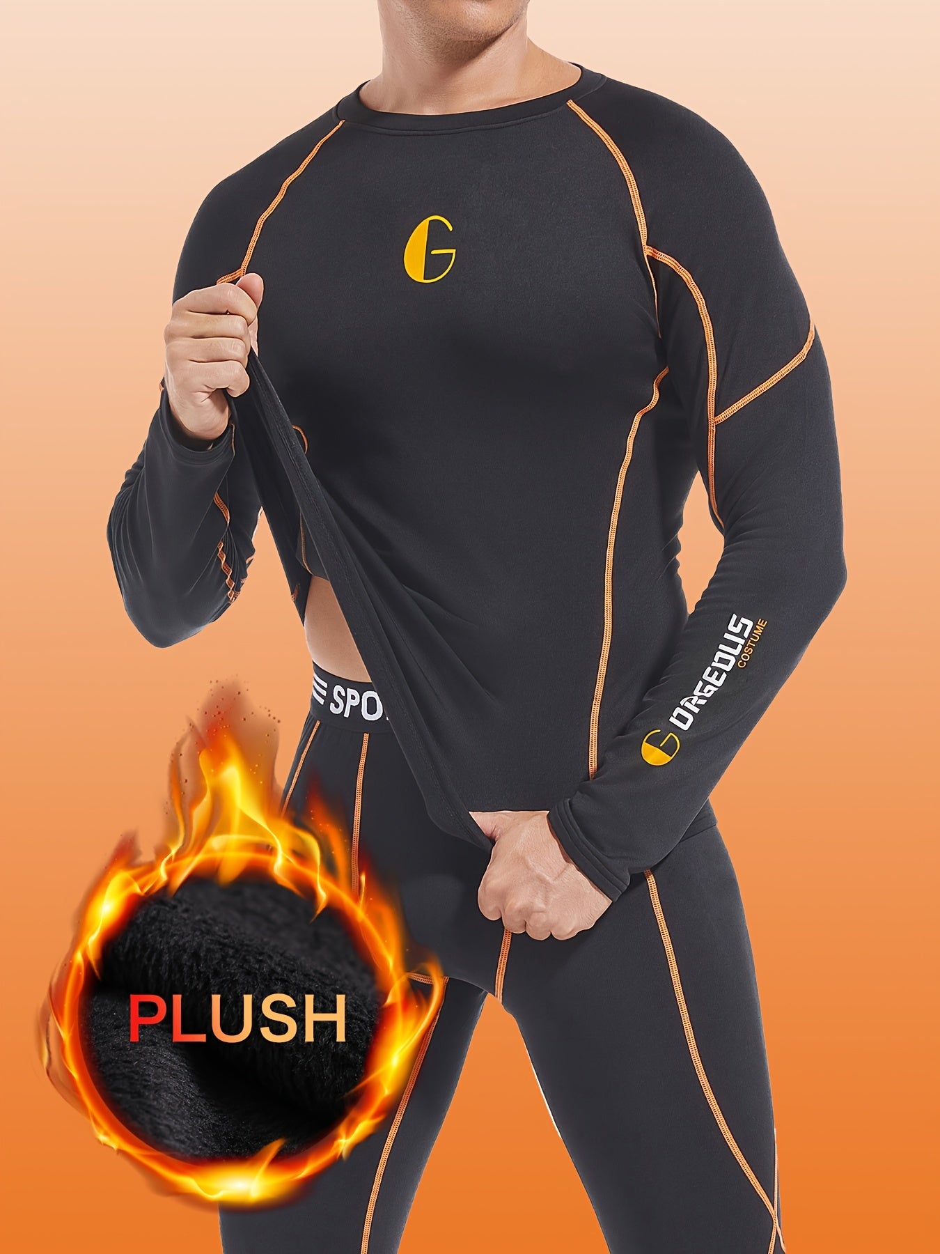 2 Pieces Men's Stylish Orange Tech Style Line Pattern Thermal Underwear Set - Long Sleeve Top And Pants, Fleece Lined, High Elasticity, Moisture-Wicking, Perfect For Cold Weather, Outdoor Sports, Skiing, And Mountaineering