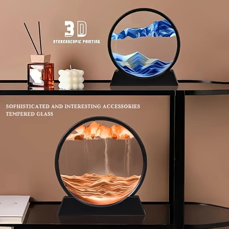 Dynamic Sand Art Moving Liquid Sand Picture, 3D Deep Sea Sandscape in Round Glass Frame, Uncharged Motion Sand Art Decor, 7-Inch Set of 1, No Battery Required