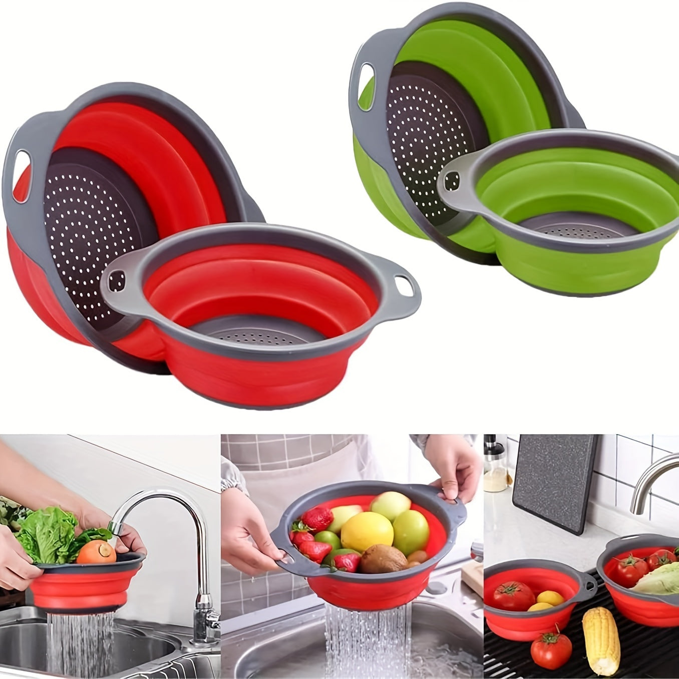 1/2 piece of circular blue suit foldable silicone kitchen drop funnel - a large, a small, very suitable for drain pasta, vegetables and fruits (green, red, blue) Kitchen Accessories