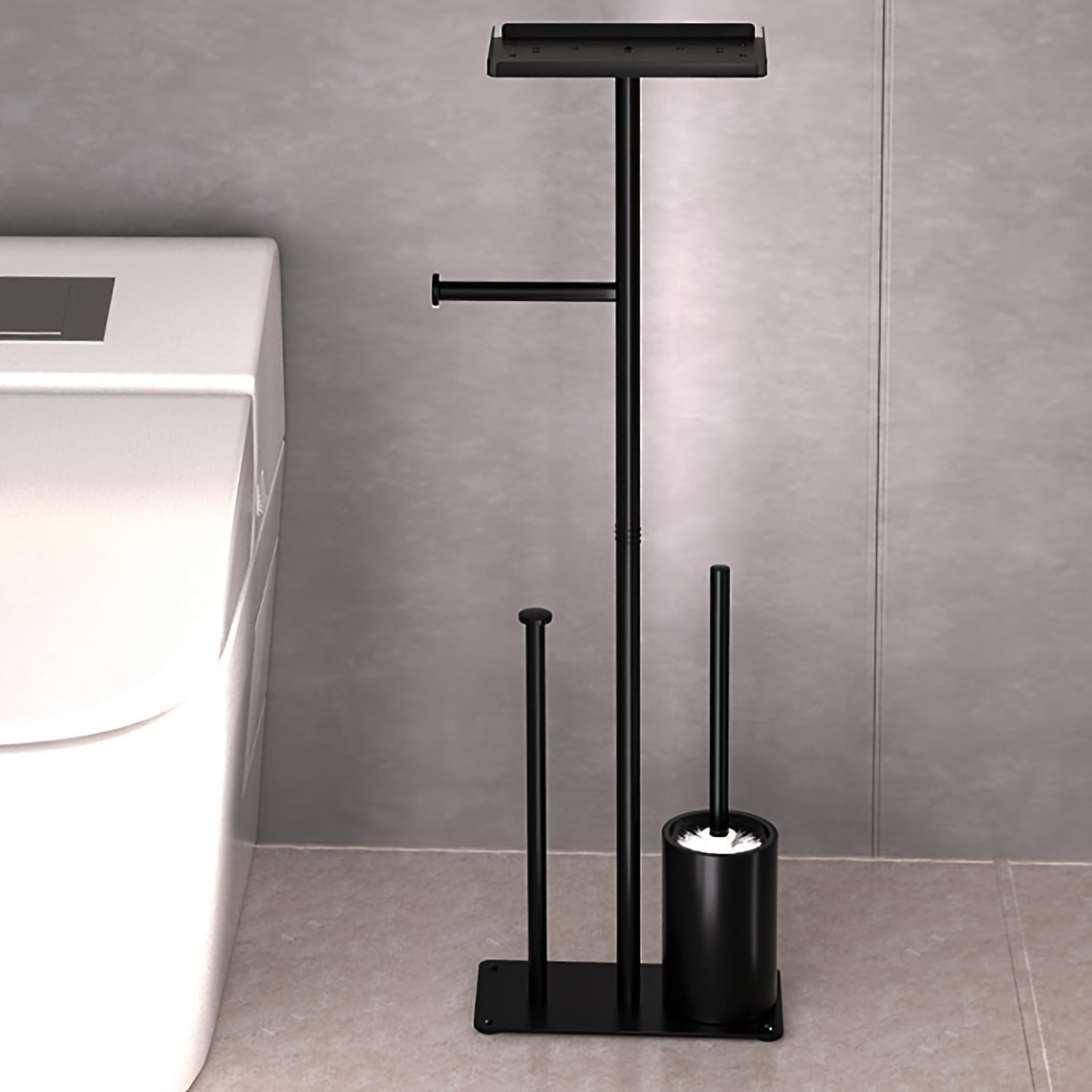 1pc, Bathroom Free Standing Toilet Tissue Holder With Storage Shelf & Integrated Toilet Brush, Space-Saving Bath Organization Supplies, Multipurpose Modern Toilet Paper Holder