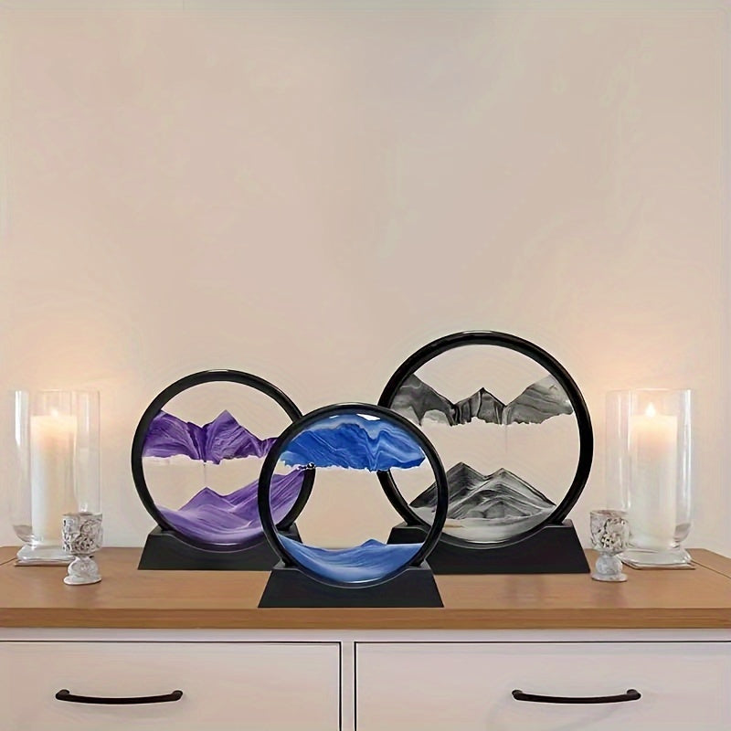 Dynamic Sand Art Moving Liquid Sand Picture, 3D Deep Sea Sandscape in Round Glass Frame, Uncharged Motion Sand Art Decor, 7-Inch Set of 1, No Battery Required