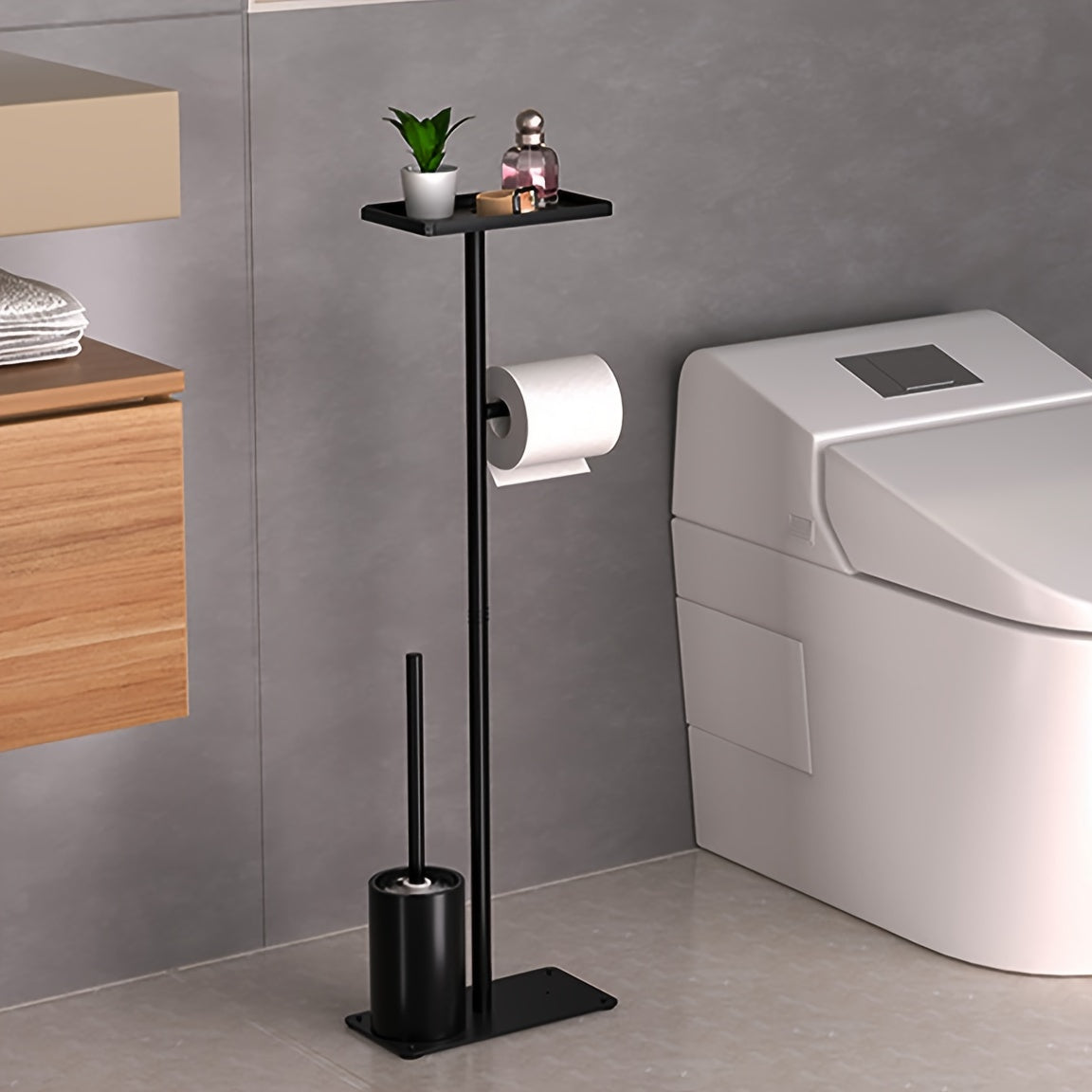 1pc, Bathroom Free Standing Toilet Tissue Holder With Storage Shelf & Integrated Toilet Brush, Space-Saving Bath Organization Supplies, Multipurpose Modern Toilet Paper Holder