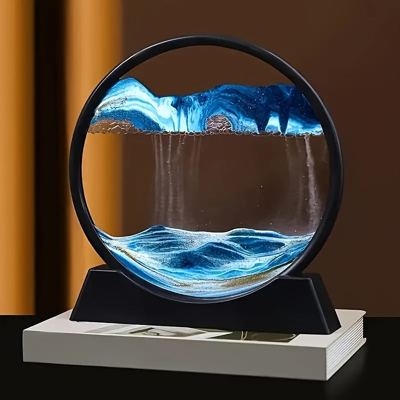 Dynamic Sand Art Moving Liquid Sand Picture, 3D Deep Sea Sandscape in Round Glass Frame, Uncharged Motion Sand Art Decor, 7-Inch Set of 1, No Battery Required