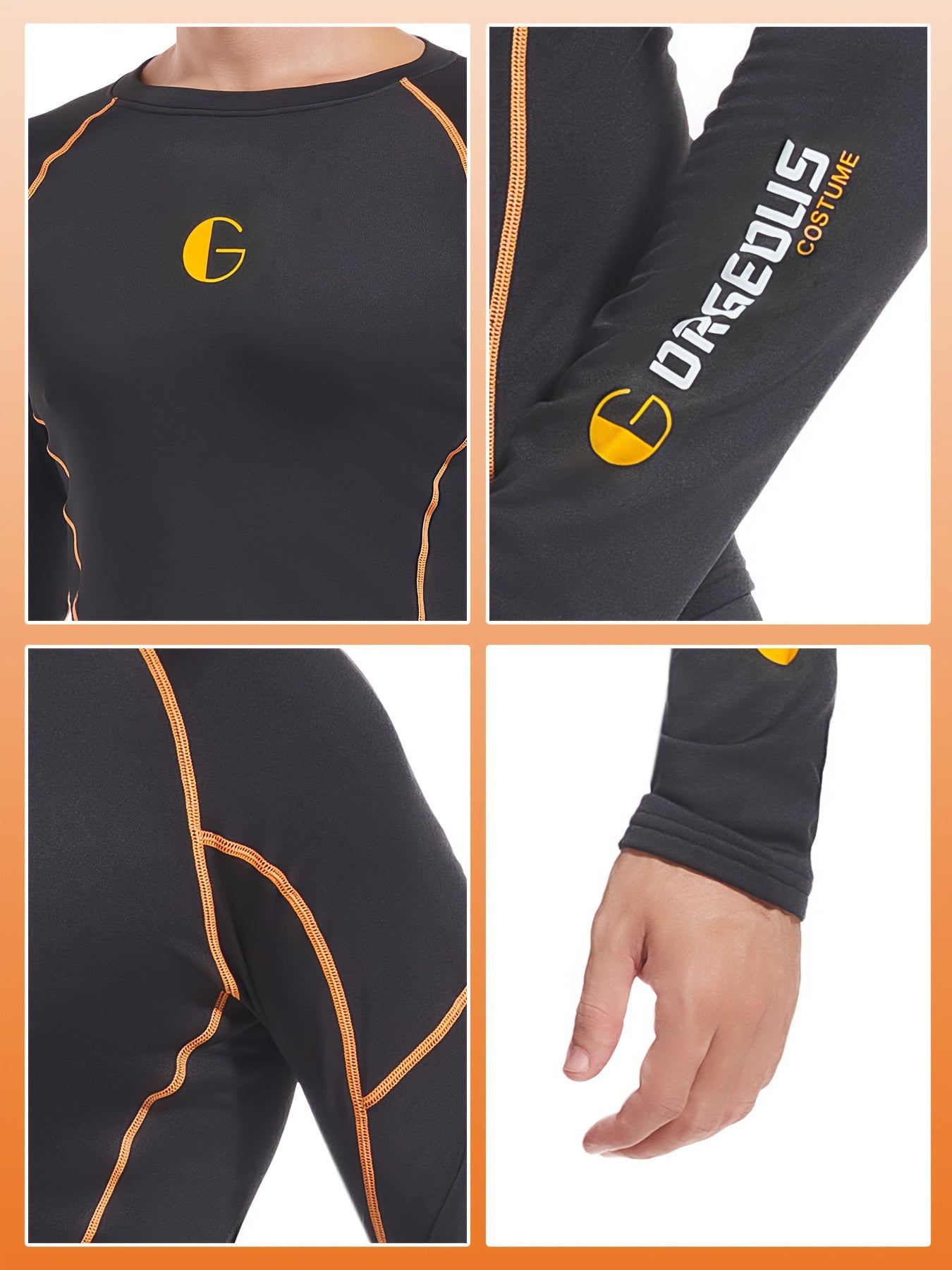 2 Pieces Men's Stylish Orange Tech Style Line Pattern Thermal Underwear Set - Long Sleeve Top And Pants, Fleece Lined, High Elasticity, Moisture-Wicking, Perfect For Cold Weather, Outdoor Sports, Skiing, And Mountaineering