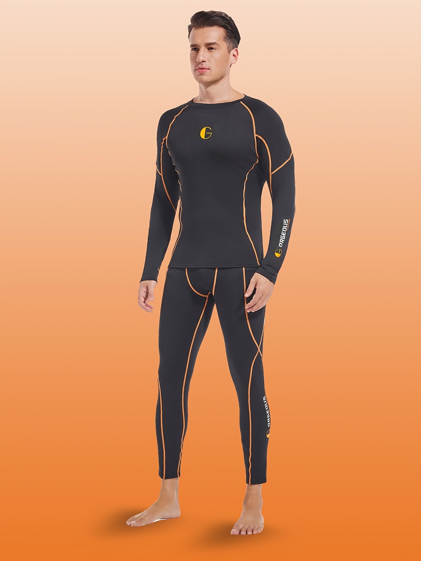 2 Pieces Men's Stylish Orange Tech Style Line Pattern Thermal Underwear Set - Long Sleeve Top And Pants, Fleece Lined, High Elasticity, Moisture-Wicking, Perfect For Cold Weather, Outdoor Sports, Skiing, And Mountaineering