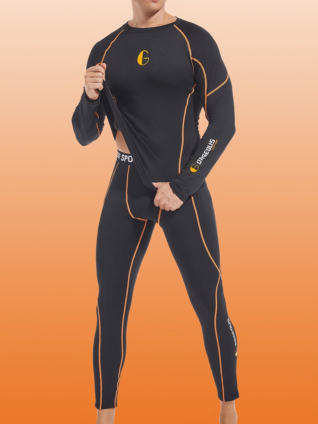2 Pieces Men's Stylish Orange Tech Style Line Pattern Thermal Underwear Set - Long Sleeve Top And Pants, Fleece Lined, High Elasticity, Moisture-Wicking, Perfect For Cold Weather, Outdoor Sports, Skiing, And Mountaineering