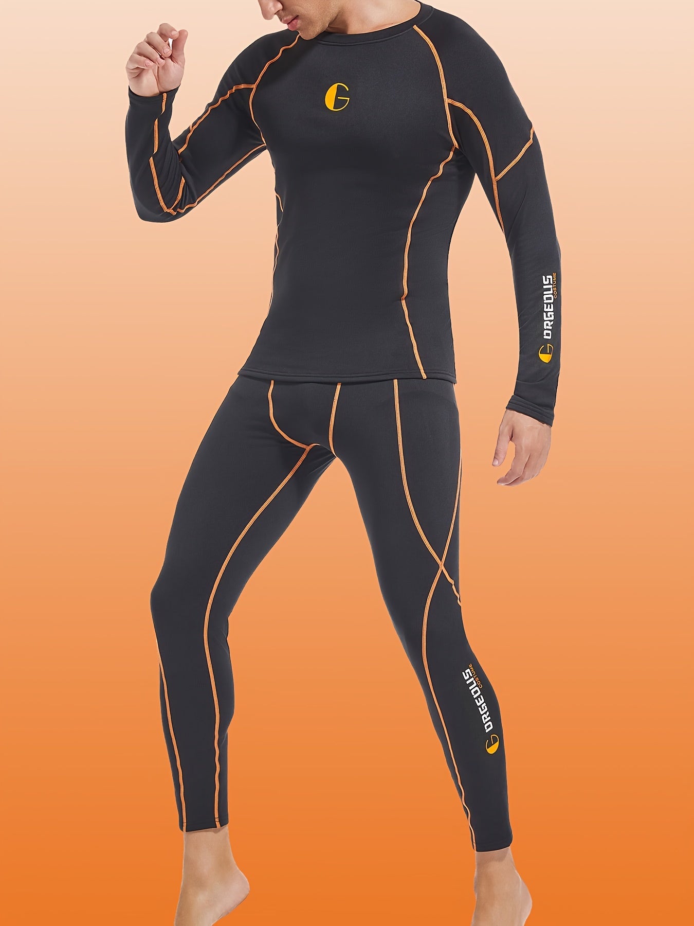 2 Pieces Men's Stylish Orange Tech Style Line Pattern Thermal Underwear Set - Long Sleeve Top And Pants, Fleece Lined, High Elasticity, Moisture-Wicking, Perfect For Cold Weather, Outdoor Sports, Skiing, And Mountaineering