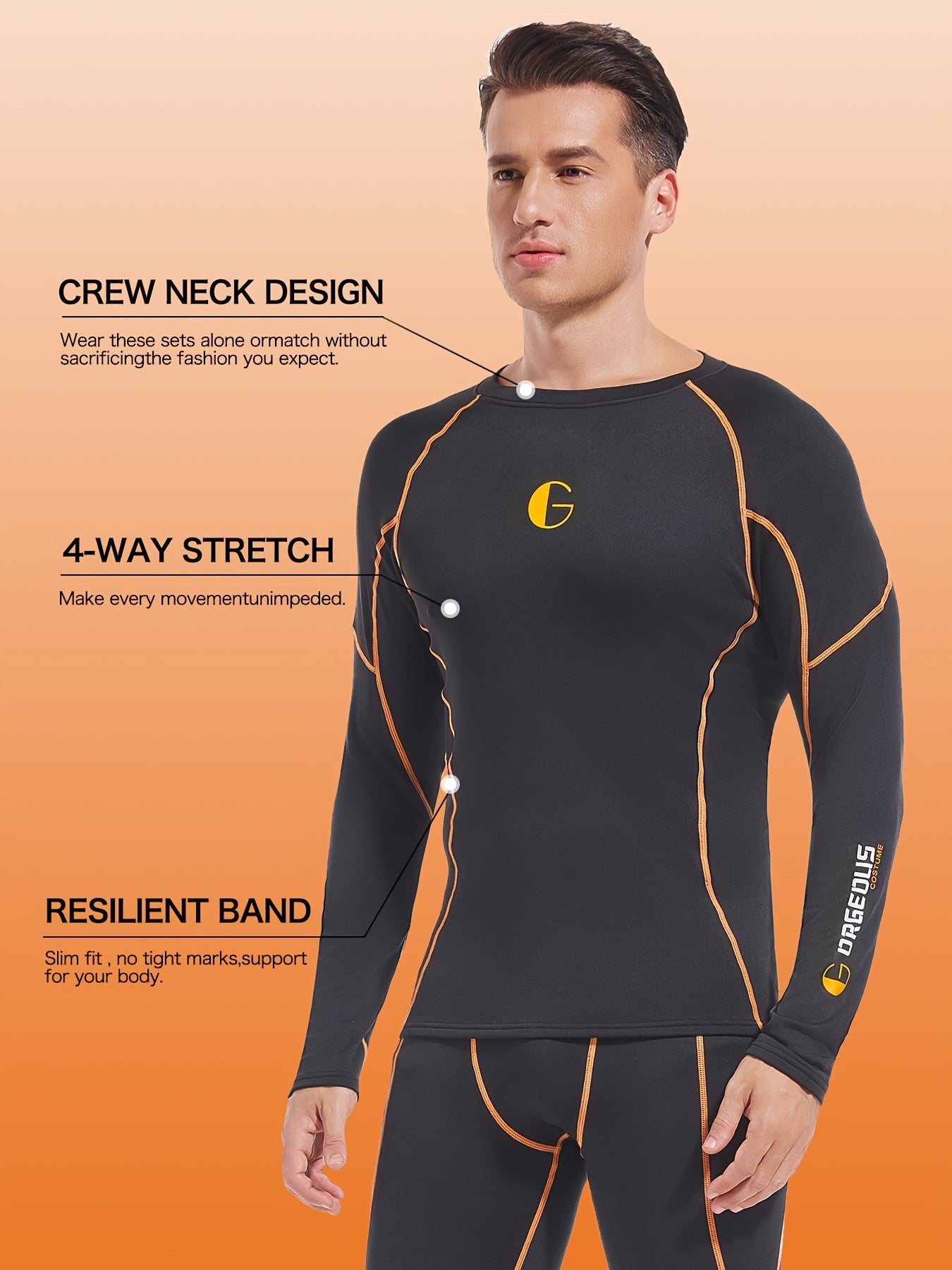 2 Pieces Men's Stylish Orange Tech Style Line Pattern Thermal Underwear Set - Long Sleeve Top And Pants, Fleece Lined, High Elasticity, Moisture-Wicking, Perfect For Cold Weather, Outdoor Sports, Skiing, And Mountaineering