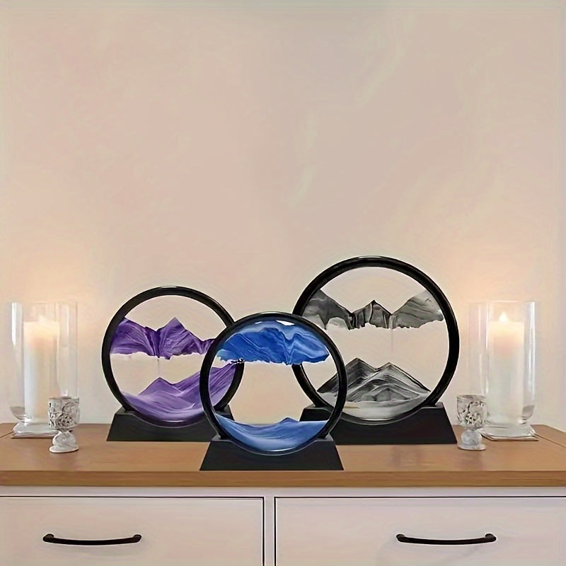 Dynamic Sand Art Moving Liquid Sand Picture, 3D Deep Sea Sandscape in Round Glass Frame, Uncharged Motion Sand Art Decor, 7-Inch Set of 1, No Battery Required