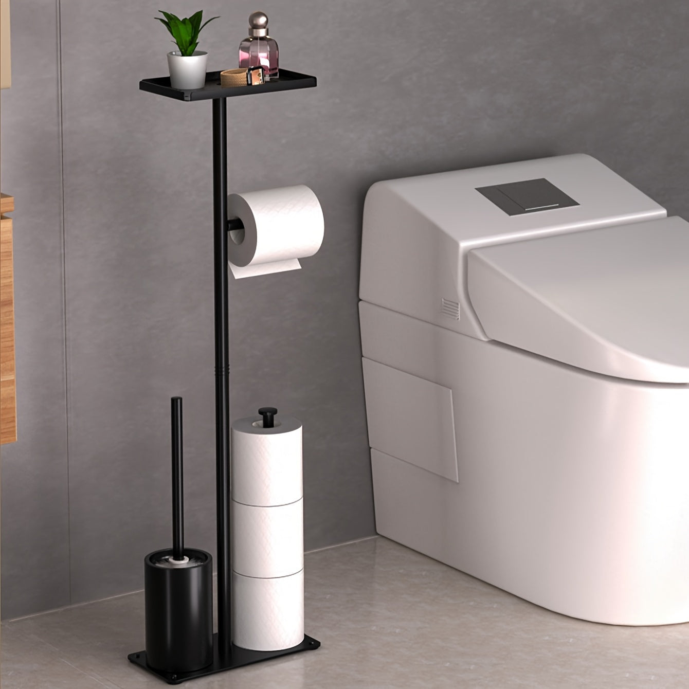 1pc, Bathroom Free Standing Toilet Tissue Holder With Storage Shelf & Integrated Toilet Brush, Space-Saving Bath Organization Supplies, Multipurpose Modern Toilet Paper Holder
