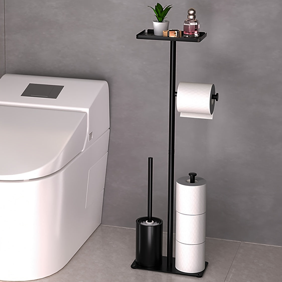 1pc, Bathroom Free Standing Toilet Tissue Holder With Storage Shelf & Integrated Toilet Brush, Space-Saving Bath Organization Supplies, Multipurpose Modern Toilet Paper Holder