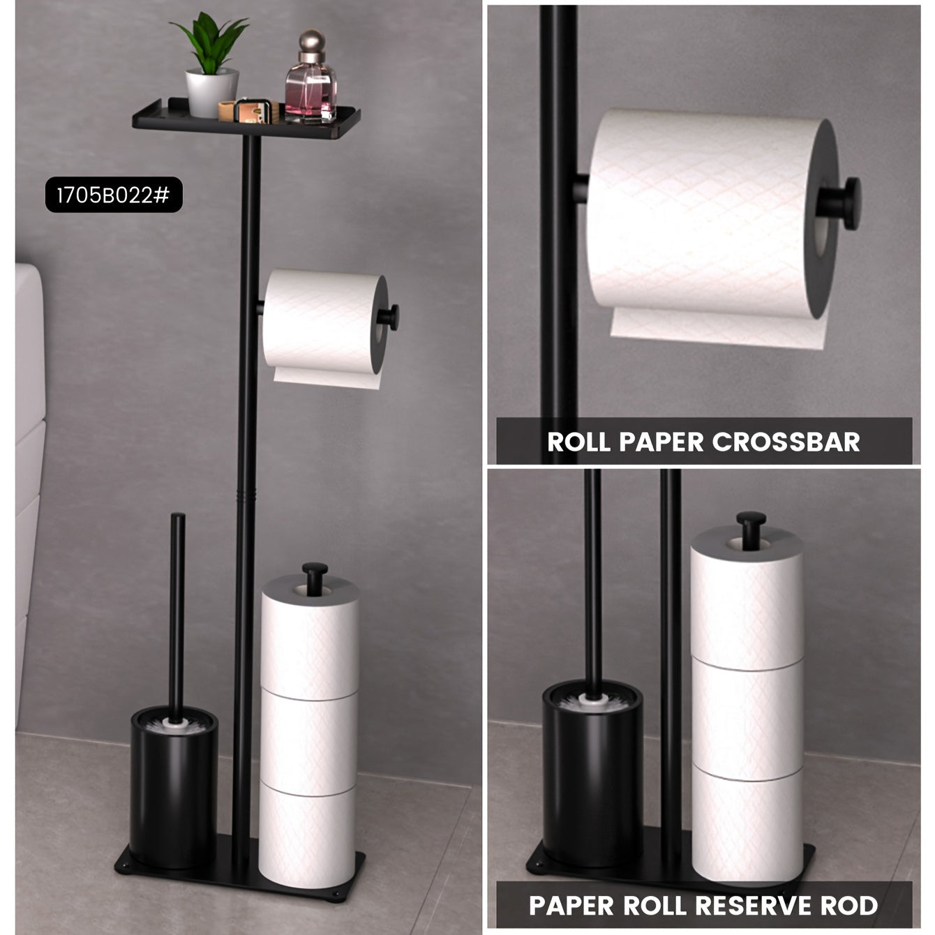 1pc, Bathroom Free Standing Toilet Tissue Holder With Storage Shelf & Integrated Toilet Brush, Space-Saving Bath Organization Supplies, Multipurpose Modern Toilet Paper Holder