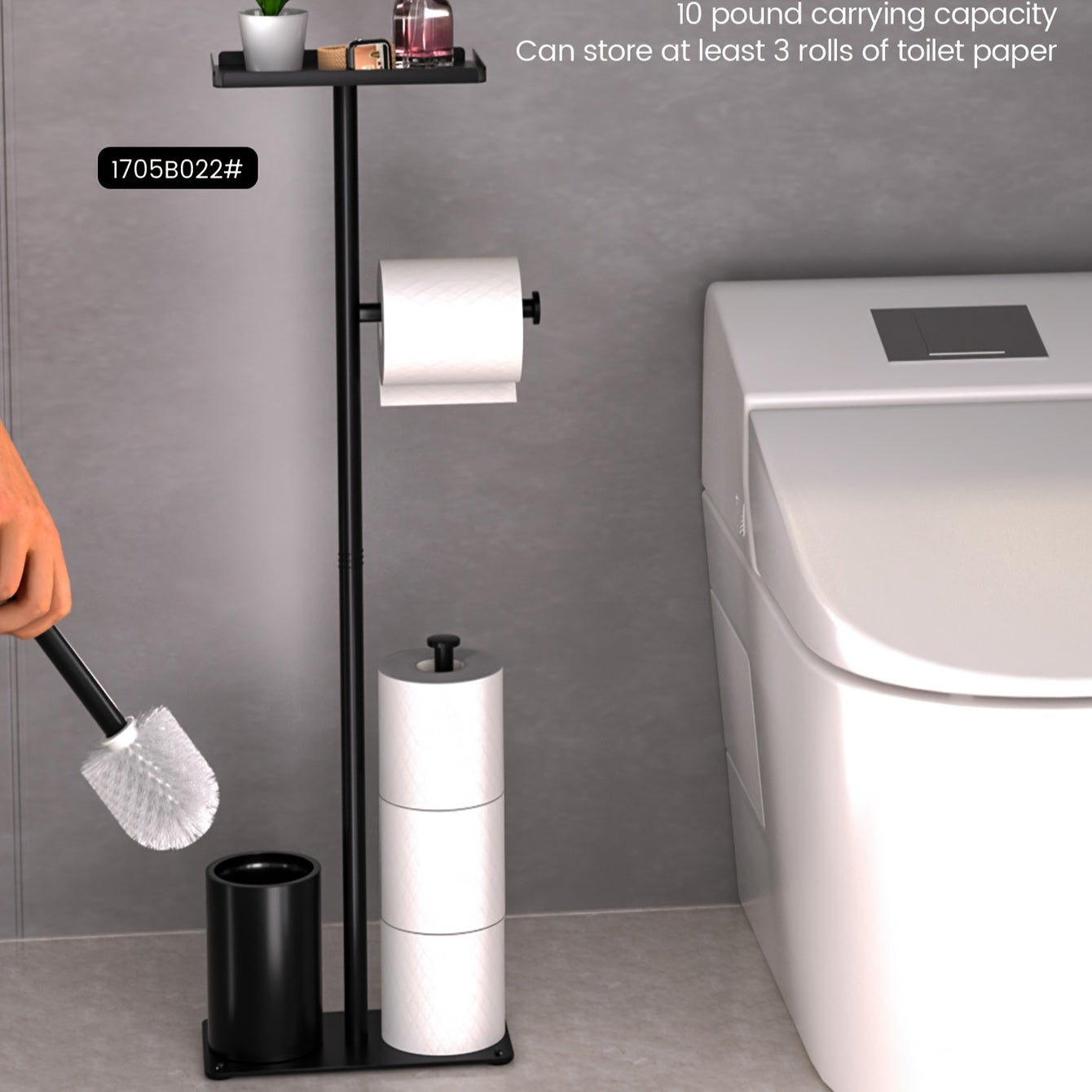 1pc, Bathroom Free Standing Toilet Tissue Holder With Storage Shelf & Integrated Toilet Brush, Space-Saving Bath Organization Supplies, Multipurpose Modern Toilet Paper Holder