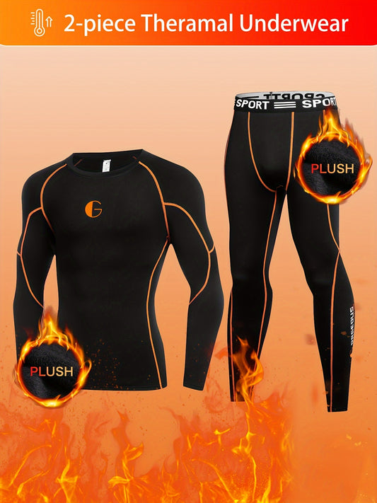 2 Pieces Men's Stylish Orange Tech Style Line Pattern Thermal Underwear Set - Long Sleeve Top And Pants, Fleece Lined, High Elasticity, Moisture-Wicking, Perfect For Cold Weather, Outdoor Sports, Skiing, And Mountaineering