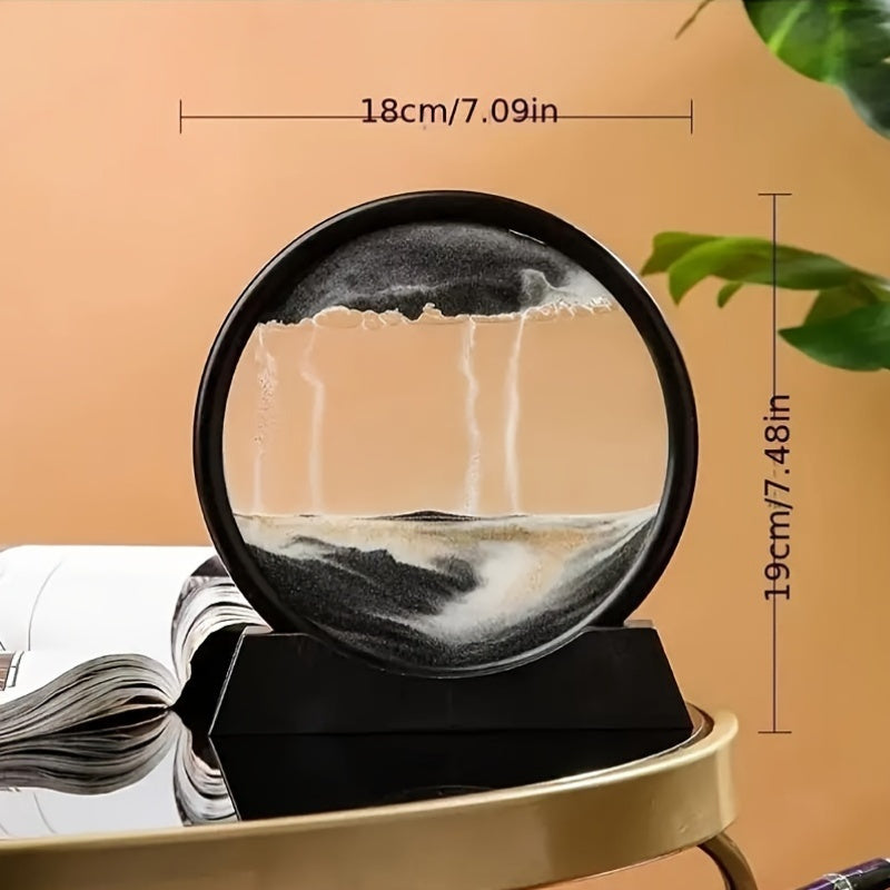 Dynamic Sand Art Moving Liquid Sand Picture, 3D Deep Sea Sandscape in Round Glass Frame, Uncharged Motion Sand Art Decor, 7-Inch Set of 1, No Battery Required